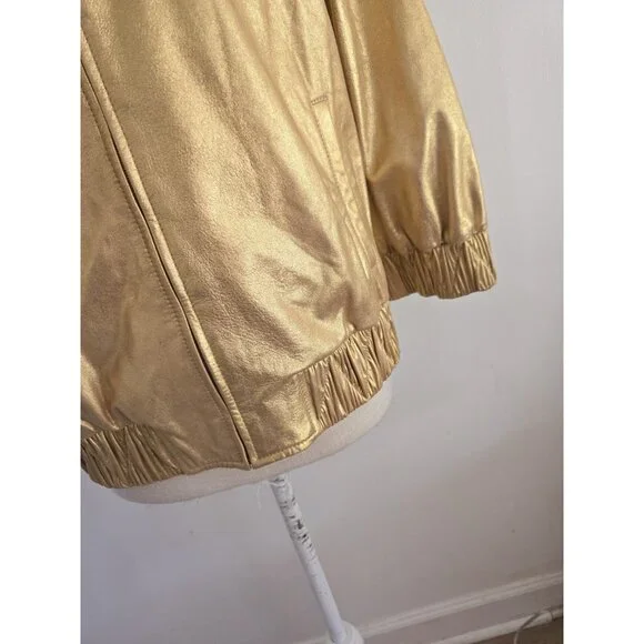St John Gold Metallic Lambs Leather Silk 80s Retro Shimmer Bomber Zip Jacket M